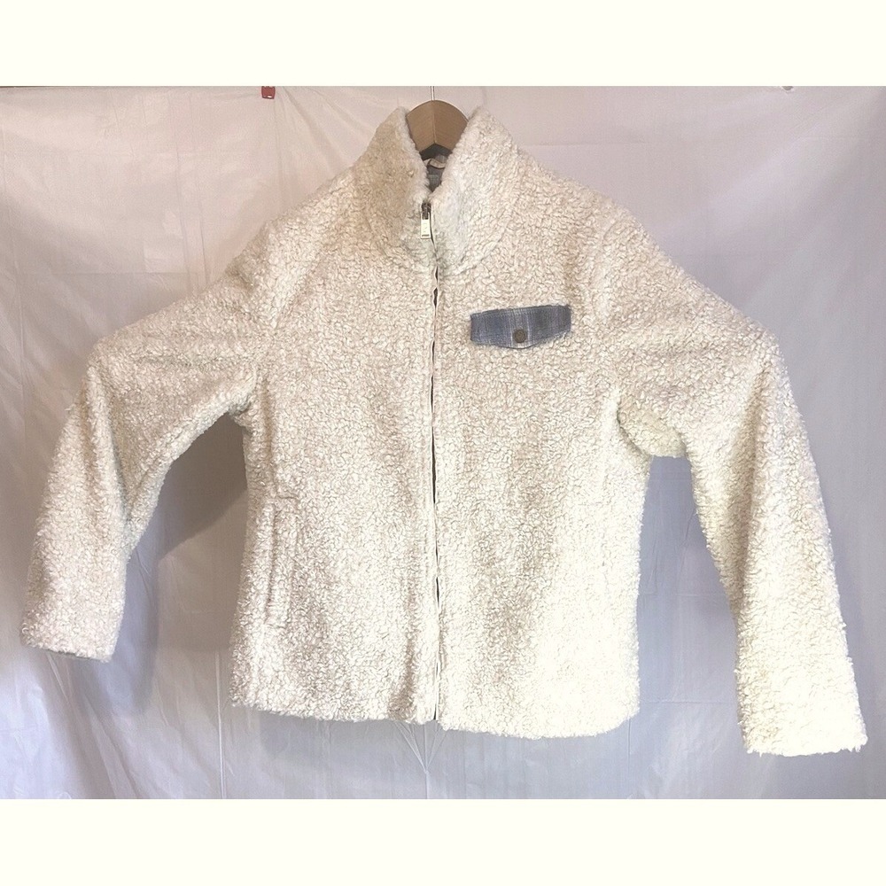 Authentic Pendleton Sherpa Fleece Full Zip Jacket Cream/ Blue Plaid Pocket‎ -Lrg